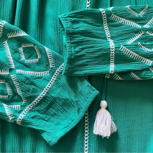 Lane Bryant Teal Embroidered Boho Peasant Top Tassel Tie Long Sleeve - Picture 3 of 6